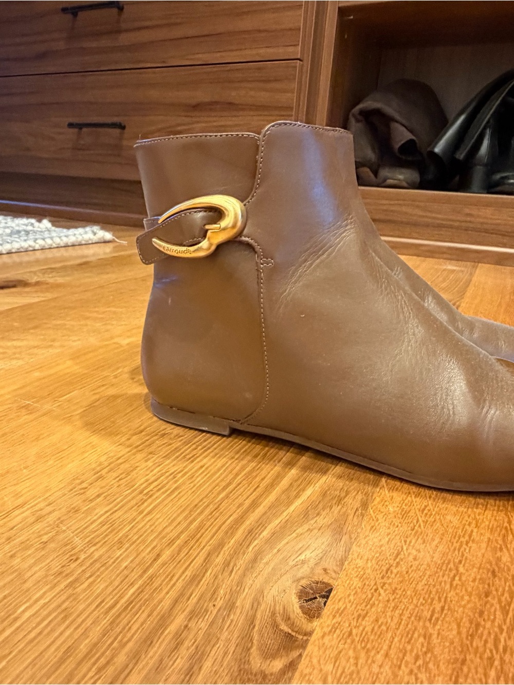 Larroude Tan Leather Ankle Boot with Gold Buckle Detail
